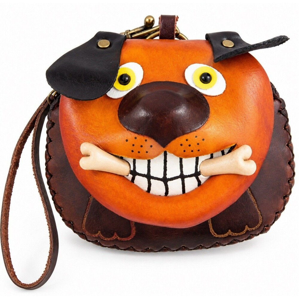 Genuine Leather Dog Face Coin Purse Wristlet Pouch Novelty 3D Bone